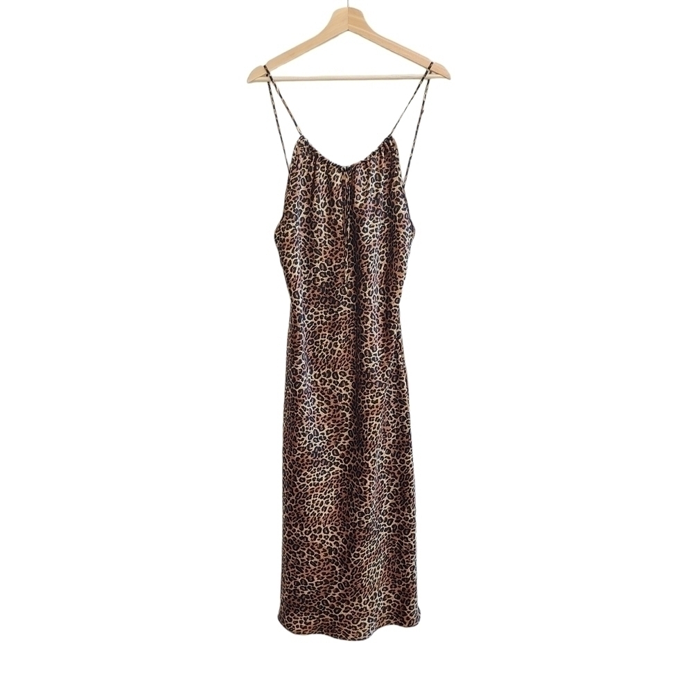 Secret Treasures Leopard Cheetah Satin Slip Dress Long Nightgown Side Slits M